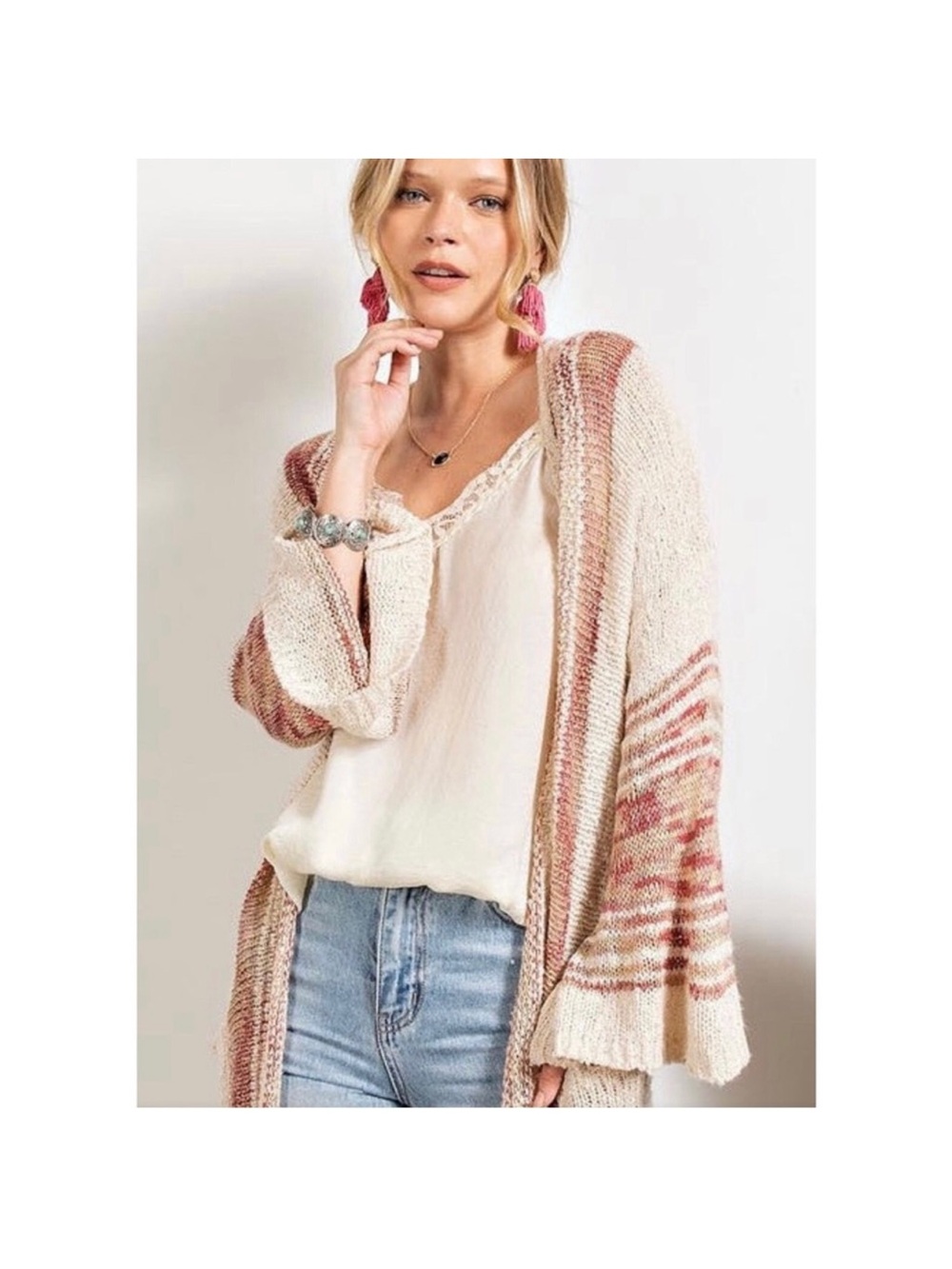 NWT Easel Boho Beach Oatmeal Striped Baja | Knit Open-Front Throw Cardigan - Picture 11 of 16